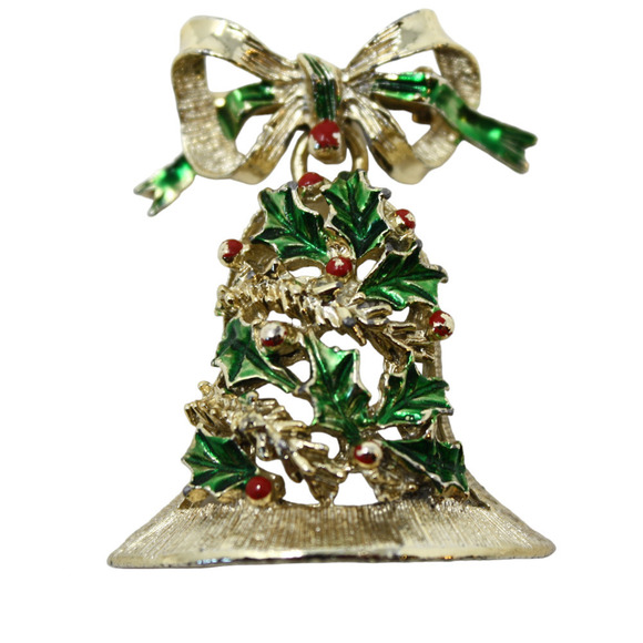 Vintage Gerry's Holiday Christmas Enamel Bell Pin Brooch w Bow 2" Long - Hey Viv - Picture 2 of 7
